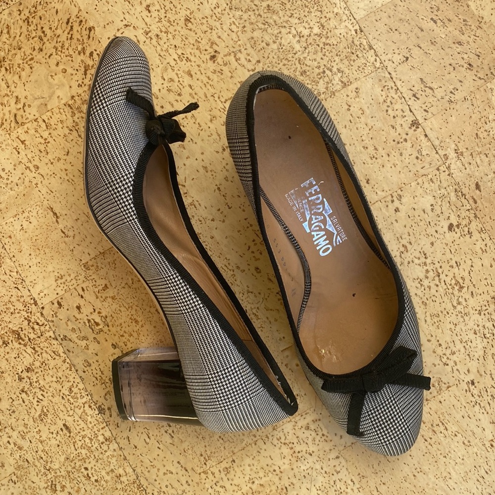 Salvatore Ferragamo black and white checkered pumps